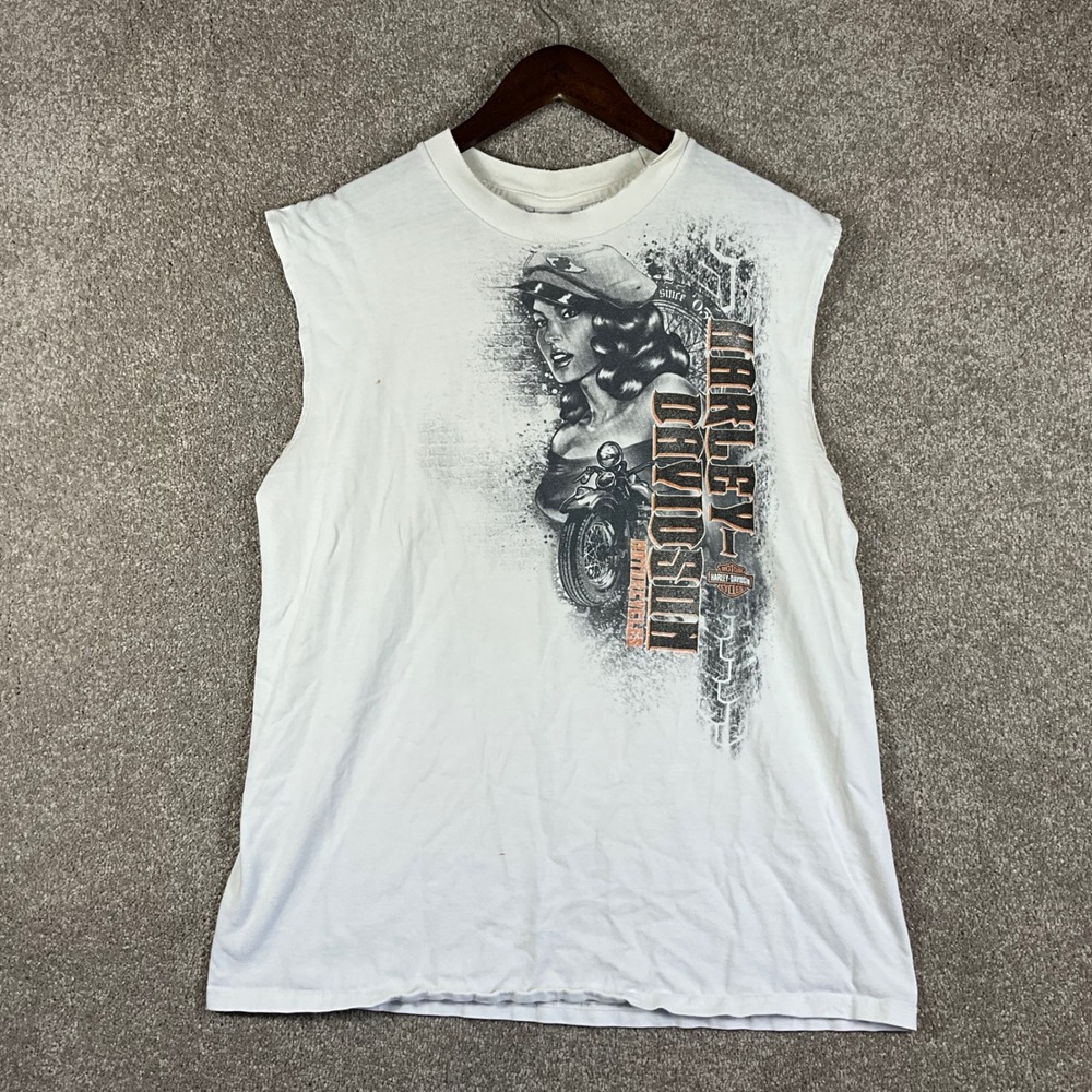 Harley-Davidson Mens White Sleeveless Graphic T-Shirt Roughrider Saloon Size L